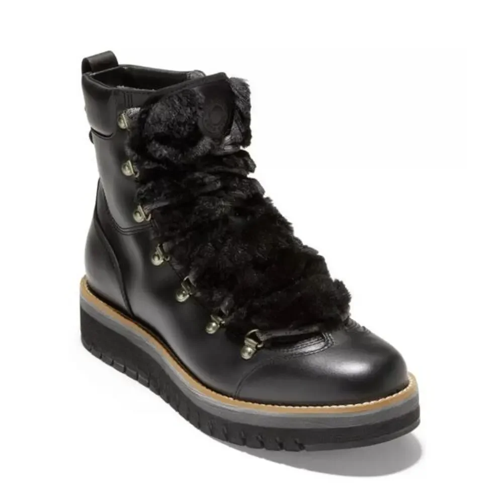 Cole Haan Women's Zerogrand Lodge Hiker Boots Lace up‎ Shearling Trim Black Size